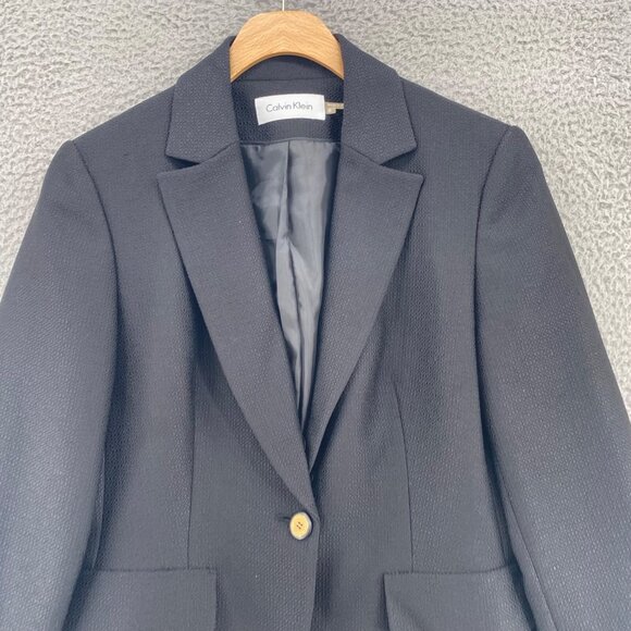 Calvin Klein Blazer Womens 8 Black Woven Button Up Pockets Office Career Work - Picture 2 of 11